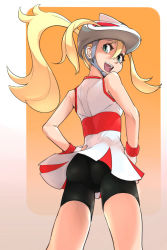 Rule 34 | 10s, 1girl, :d, ass, back, bare shoulders, bicycle helmet, bike shorts, blonde hair, creatures (company), fingerless gloves, game freak, gloves, gradient background, green eyes, gym leader, hand on own hip, helmet, highres, korrina (pokemon), long hair, looking back, nanjin, nintendo, open mouth, pokemon, pokemon xy, ponytail, smile, solo, standing, twintails, two side up, white gloves