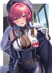 Rule 34 | 1girl, absurdres, bare shoulders, black bra, black choker, black gloves, black headwear, blush, bra, breasts, choker, earrings, fingerless gloves, gloves, heterochromia, highres, hololive, houshou marine, houshou marine (businesswoman), imahuku, jewelry, large breasts, looking at viewer, off shoulder, official alternate costume, open mouth, red eyes, red hair, revision, short hair, smile, solo, underwear, virtual youtuber, yellow eyes