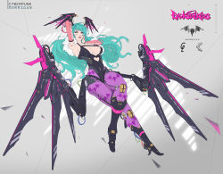 Rule 34 | 1girl, animal print, arm behind head, armpits, bat print, breasts, bridal gauntlets, character name, cleavage, clothing cutout, crossed legs, cyberpunk, demon girl, green hair, hand on own cheek, hand on own face, head wings, heart cutout, highres, large breasts, leotard, long hair, low wings, machinery, mechanical wings, morrigan aensland, open mouth, pantyhose, park junkyu, print pantyhose, purple pantyhose, sideboob, solo, tongue, tongue out, vampire (game), wings