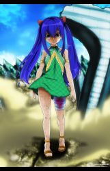 Rule 34 | 1girl, absurdres, arm tattoo, armlet, armpits, arms at sides, bandaged leg, bandages, bare shoulders, blood, blue hair, brown eyes, brown footwear, day, destruction, dirty, dress, evil smile, eyelashes, facing viewer, fairy tail, feet, female focus, fingernails, flat chest, full body, green dress, grin, hair between eyes, hair ornament, highres, injury, legs, long hair, long twintails, looking at viewer, multicolored clothes, multicolored dress, neck, outdoors, print dress, sandals, shaded face, shiny skin, sidelocks, sky, sleeveless, sleeveless dress, smile, standing, tattoo, thighs, toenails, toes, twintails, very long hair, wendy marvell