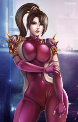 Rule 34 | 1girl, absurdres, armgloves, bodysuit, breasts, brown eyes, brown hair, cleavage, feet, female focus, flowerxl, formal, highres, large breasts, looking at viewer, pink lips, pink suit, ponytail, sideboob, solo, soul calibur, suit, taki (soulcalibur), thighhighs, tight clothes