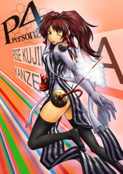 Rule 34 | 1girl, atlus, brown eyes, cosplay, dress, headset, kanzeon (persona 4), kanzeon (persona 4) (cosplay), kujikawa rise, long sleeves, one eye closed, persona, persona 4, red hair, segami daisuke, thighhighs, twintails, wink