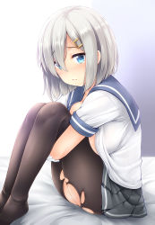 Rule 34 | 10s, 1girl, black pantyhose, blue eyes, blush, breasts, gloves, hair ornament, hair over one eye, hairclip, hamakaze (kancolle), kantai collection, large breasts, looking at viewer, open clothes, open shirt, pantyhose, school uniform, serafuku, shirt, short hair, silver hair, sitting, skirt, solo, tears, torn clothes, torn pantyhose, uni8, white gloves