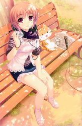 Rule 34 | 1girl, absurdres, alpha (yukai na nakamatachi), beamed quavers, belt, bench, brown hair, camisole, casual, dappled sunlight, denim, denim skirt, flat sign, frilled skirt, frills, headphones, headphones around neck, highres, looking at viewer, microphone, musical note, purple eyes, quaver, sandals, scarf, shade, sharp sign, sheet music, shirt, short hair, sitting, skirt, sleeves rolled up, striped clothes, striped shirt, stuffed animal, stuffed cat, stuffed mouse, stuffed toy, sunlight, treble clef