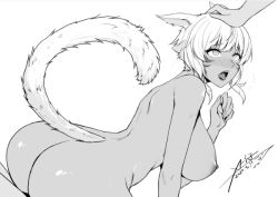 Rule 34 | 1girl, animal ears, artist request, ass, blush, breasts, cat ears, cat girl, cat tail, final fantasy, final fantasy xiv, head pat, large breasts, miqo&#039;te, monochrome, nipples, open mouth, short hair, slit pupils, tail, tongue, y&#039;shtola rhul