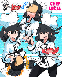 Rule 34 | 1girl, black hair, black nails, blue background, character name, chef hat, cowboy shot, crab, fire, frying pan, hat, highres, holding, holding knife, knife, long sleeves, lucia (scott malin), medium hair, multiple views, open mouth, original, plate, scared, scott malin, shirt, smile, stove, sweatdrop, upper body, white shirt
