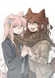 Rule 34 | 2girls, black jacket, blue eyes, blush, bocchi the rock!, bright pupils, brown coat, brown scarf, chinese commentary, coat, commentary request, cube hair ornament, dog girl, dog tail, gotoh hitori, green eyes, hair ornament, highres, holding hands, interlocked fingers, jacket, kemonomimi mode, kita ikuyo, long hair, looking at viewer, multiple girls, one side up, open mouth, parted lips, pink hair, plaid, plaid scarf, red hair, scarf, shared clothes, shared scarf, simple background, smile, sweatdrop, tail, upper body, white background, white pupils, yanlingjinshilihuahua, yuri