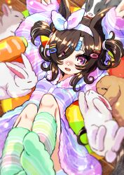 Rule 34 | 1girl, alternate costume, alternate hairstyle, animal ears, arms up, black hair, blurry, blurry foreground, blush, breasts, hair ornament, hair over one eye, headband, highres, horse ears, kingin, looking at viewer, lying, open mouth, pajamas, purple eyes, rabbit, rabbit pose, rice shower (umamusume), small breasts, socks, solo, umamusume
