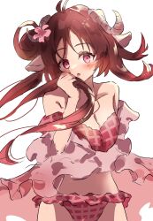 Rule 34 | 1girl, :o, absurdres, animal ears, arknights, bikini, blush, breasts, brown hair, cleavage, commentary, eyjafjalla (arknights), eyjafjalla (summer flower) (arknights), flower, frilled bikini, frills, goat ears, goat girl, goat horns, hair flower, hair ornament, highres, holding, holding own hair, horns, long hair, looking at viewer, medium breasts, open mouth, pink bikini, pink eyes, pink flower, plaid, plaid bikini, riu kawano, simple background, sketch, solo, swimsuit, swimsuit cover-up, upper body, white background