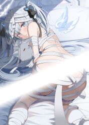 Rule 34 | 1girl, absurdres, alternate costume, angel wings, ass, bed, blue eyes, blush, breast press, breasts, cat, censored, closed mouth, commentary request, grey hair, hair ornament, halloween costume, halo, highres, indie virtual youtuber, light censor, long hair, looking at viewer, looking back, medium breasts, mummy costume, piyopoyo, solo, virtual youtuber, white theme, wings, yuha uyu