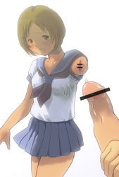 Rule 34 | 1girl, blue skirt, blush, borusen, breasts, brown hair, cowboy shot, disembodied hand, erection, looking at viewer, microskirt, miniskirt, penis, pleated skirt, pussy, school uniform, serafuku, shirt, short hair, simple background, skirt, small breasts, solo, standing, tagme, tearing up, tezuka shiho, thighs, white background, white shirt