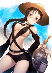 Rule 34 | 1boy, 1girl, bad id, bad pixiv id, black shorts, blue sky, blush, braid, breasts, brown eyes, brown hair, centaur, cleavage, closed mouth, collarbone, day, detached sleeves, ear piercing, earrings, fate/grand order, fate (series), glasses, hair ornament, hairclip, hat, heroic spirit chaldea park outfit, jewelry, kyoeiki, large breasts, lens flare, long hair, looking at viewer, multiple earrings, navel, o-ring, piercing, shorts, single braid, sky, smile, standing, sun hat, taur, thighs, very long hair, xiang yu (fate), yu mei-ren (fate), yu mei-ren (festival outfit) (fate)