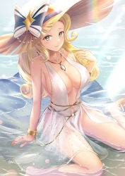 Rule 34 | 1girl, afk arena, arm support, bare arms, bare shoulders, beads, belinda (unlight), blonde hair, blush, bow, bracelet, breasts, center opening, closed mouth, curly hair, day, earrings, green eyes, hand up, hat, hat bow, highres, jewelry, large breasts, long hair, looking at viewer, mole, mole under eye, nail polish, necklace, one-piece swimsuit, outdoors, ringlets, sebu illust, see-through, see-through skirt, shallow water, sideboob, sidelocks, sitting, sitting on water, skirt, smile, sun hat, swimsuit, thighs, wariza, water, white one-piece swimsuit, yellow hat