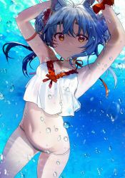 Rule 34 | 1girl, absurdres, air bubble, alternate costume, animal ear fluff, animal ears, arm strap, armpits, arms up, bare shoulders, bikini, blue hair, breasts, bubble, freediving, halterneck, halterneck, highres, hololive, long hair, looking at viewer, navel, orange eyes, rabbit ears, scrunchie, seicoh, small breasts, smile, solo, stomach, string bikini, swimsuit, thighs, underwater, usada pekora, virtual youtuber, water, white bikini, wrist scrunchie