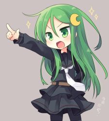 Rule 34 | &gt;:d, 10s, 1girl, :d, black pantyhose, black serafuku, black skirt, crescent, crescent hair ornament, green eyes, green hair, grey background, hair ornament, kantai collection, long hair, nagasioo, nagatsuki (kancolle), necktie, open mouth, pantyhose, pleated skirt, pointing, sailor collar, school uniform, serafuku, simple background, skirt, smile, solo, translated, v-shaped eyebrows, white necktie