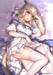 Rule 34 | 1girl, animal ears, aruma jiki, bare shoulders, blonde hair, blush, breasts, cat ears, cat tail, cleavage, cleavage cutout, clothing cutout, dress, facial mark, final fantasy, final fantasy xiv, long hair, looking at viewer, lying, medium breasts, miqo&#039;te, on side, petals, puffy short sleeves, puffy sleeves, short sleeves, signature, solo, strapless, strapless dress, tail, thighhighs, yellow eyes