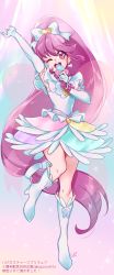 Rule 34 | 1girl, ;d, arm up, armpits, boots, bow, cure lovely, cure lovely (innocent form), earrings, elbow gloves, floating hair, gloves, hair bow, happinesscharge precure!, heart, heart earrings, high ponytail, highres, holding, holding microphone, innocent form (happinesscharge precure!), jewelry, knee boots, layered skirt, long hair, microphone, miniskirt, one eye closed, open mouth, pink eyes, pink hair, precure, shipu (gassyumaron), skirt, smile, solo, standing, very long hair, white bow, white footwear, white gloves