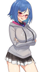 Rule 34 | 1girl, absurdres, alternate breast size, arm under breasts, blue hair, blue necktie, blush, breasts, choco tanuki, collared shirt, crossed arms, dolphin hair ornament, dress shirt, fang, grey hoodie, highres, hood, hoodie, large breasts, long sleeves, looking at viewer, miniskirt, mole, mole on thigh, naughty face, necktie, nijisanji, nishizono chigusa, open mouth, plaid necktie, plaid neckwear, pleated skirt, print hoodie, purple eyes, shirt, short hair, simple background, skin fang, skirt, smile, solo, virtual youtuber, white background