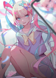 Rule 34 | 1girl, bare legs, blonde hair, blue eyes, blue hair, blunt bangs, blurry, blurry foreground, cellphone, chinese commentary, chouzetsusaikawa tenshi-chan, commentary request, confetti, dingzi, feet out of frame, heart, highres, holding, holding phone, indoors, looking at viewer, multicolored hair, nail polish, neckerchief, needy girl overdose, phone, pink hair, pink nails, pleated skirt, sailor collar, shirt, sidelocks, signature, skirt, smile, solo, twintails, white sailor collar, white shirt, white skirt, window, yellow neckerchief