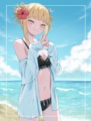 Rule 34 | 1girl, bare shoulders, beach, belly, bikini, black bikini, blonde hair, blue sky, blush, boku no hero academia, breasts, cleavage, collarbone, double bun, flower, hair bun, hair flower, hair ornament, highres, jacket, jacket partially removed, kiina (mrnsor), looking at viewer, messy hair, navel, ocean, ribs, sky, slit pupils, small breasts, smile, solo, stomach, sunlight, swimsuit, toga himiko, yellow eyes