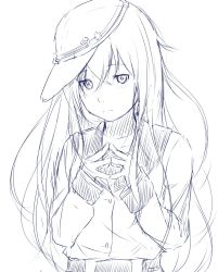 Rule 34 | 10s, 1girl, commentary request, fingers together, greyscale, hair between eyes, hammer and sickle, hat, hibiki (kancolle), highres, kantai collection, long hair, looking at viewer, monochrome, niwatazumi, school uniform, serafuku, simple background, sketch, sleeves past wrists, solo, star (symbol), upper body, verniy (kancolle), white background