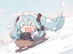 Rule 34 | &gt; &lt;, 1girl, :d, beret, black mittens, blue hair, blush, closed eyes, floating hair, hair between eyes, hair ornament, hat, hatsune miku, hill, jacket, long sleeves, mittens, motion lines, open mouth, outdoors, shawl, sidelocks, sitting, sled, sledding, smile, snow, snowing, solo, twintails, v-shaped eyebrows, vocaloid, warotamin4, white hat, white jacket, white shawl