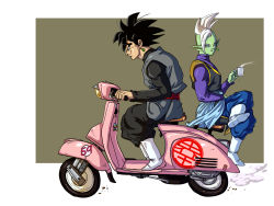 Rule 34 | 2boys, absurdres, alien, bicycle, black eyes, black hair, boots, colored skin, dougi, dragon ball, dragon ball super, earrings, evil smile, full body, goku black, green skin, highres, jewelry, long sleeves, looking at viewer, male focus, mohawk, motor vehicle, multiple boys, pointy ears, potara earrings, riding, riding bicycle, scooter, smile, spiked hair, white hair, zamasu
