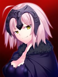 Rule 34 | 1girl, ahoge, blonde hair, breasts, cape, cleavage, closed mouth, fate/apocrypha, fate/grand order, fate (series), female focus, fur-trimmed cape, fur trim, highres, jeanne d&#039;arc (fate), jeanne d&#039;arc alter (avenger) (fate), jeanne d&#039;arc alter (fate), large breasts, licking lips, looking at viewer, red background, short hair, simple background, skylader, smirk, solo, tongue, tongue out, yellow eyes