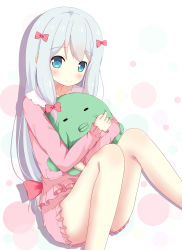 Rule 34 | 1girl, absurdres, blue eyes, blush, bow, closed mouth, collarbone, commentary request, eromanga sensei, frilled shirt, frilled shorts, frills, hair bow, highres, izumi sagiri, long hair, long sleeves, looking at viewer, low-tied long hair, multicolored polka dots, hugging object, pajamas, pink bow, pink pajamas, pink shirt, pink shorts, polka dot, polka dot background, shirt, shorts, silver hair, simple background, sitting, sleeves past wrists, smile, solo, stuffed animal, stuffed octopus, stuffed toy, tareme, very long hair, white background, xiaosamiao