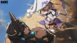 Rule 34 | 2girls, absurdres, artist request, battle, black hair, breasts, brown eyes, brown hair, closed mouth, commentary, cropped, crossed arms, dark-skinned female, dark skin, day, dress, english commentary, goddess of victory: nikke, hat, highres, holding, holding sword, holding weapon, indivilia (nikke), katana, large breasts, leaning forward, long hair, multiple girls, official art, red eyes, scarlet (nikke), second-party source, standing, sword, tail, weapon, white dress