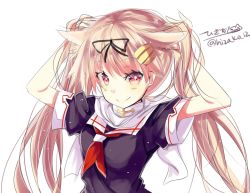 Rule 34 | 10s, 1girl, alternate hairstyle, arms up, black ribbon, black serafuku, blonde hair, closed mouth, eyebrows, hair flaps, hair ornament, hair ribbon, hairclip, hands in hair, hizaka, kantai collection, long hair, looking at viewer, neckerchief, puffy short sleeves, puffy sleeves, red eyes, red neckerchief, ribbon, scarf, school uniform, serafuku, short sleeves, simple background, smile, solo, twitter username, upper body, white background, white scarf, wide sleeves, yuudachi (kancolle), yuudachi kai ni (kancolle)