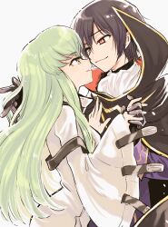 Rule 34 | 1boy, 1girl, amezawa koma, black gloves, black hair, bodysuit, c.c., code geass, commentary request, couple, eye contact, face-to-face, geass, gloves, green hair, hand in another&#039;s hair, hand on another&#039;s chest, hetero, heterochromia, highres, holding hands, lelouch vi britannia, long hair, looking at another, parted lips, purple eyes, red eyes, simple background, smile, upper body, white background, white bodysuit, wide sleeves, yellow eyes