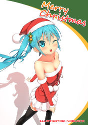 Rule 34 | 1girl, bare shoulders, black thighhighs, blue eyes, blue hair, breasts, christmas, cleavage, collarbone, detached sleeves, eyebrows, from above, from behind, hair between eyes, hat, hatsune miku, kuro-kun (nablack), layered skirt, long hair, matching hair/eyes, one eye closed, open mouth, red hat, red shirt, santa costume, santa hat, shirt, skirt, small breasts, solo, strapless, thighhighs, twintails, vocaloid, white skirt