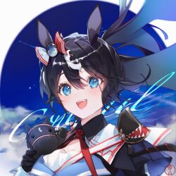 Rule 34 | 1girl, :d, animal ears, black gloves, black hair, blue eyes, character name, contrail (racehorse), creature and personification, fang, gassan aya, genderswap, genderswap (mtf), gloves, highres, horse ears, long hair, looking at viewer, neck ribbon, open mouth, original, red ribbon, ribbon, smile, solo, stuffed animal, stuffed horse, umamusume, upper body