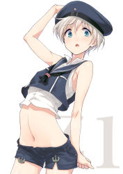 Rule 34 | 10s, 1girl, aya shachou, beret, blonde hair, blue eyes, blush, clothes writing, flat chest, hat, kantai collection, looking at viewer, navel, open mouth, sailor hat, short hair, solo, z1 leberecht maass (kancolle)