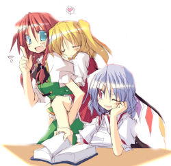 Rule 34 | 3girls, :d, ;d, bat wings, blonde hair, blue eyes, blue hair, book, braid, china dress, chinese clothes, dress, female focus, flandre scarlet, heart, hong meiling, index finger raised, long hair, multiple girls, one eye closed, open mouth, ponytail, red eyes, red hair, remilia scarlet, satou kibi, short hair, side ponytail, smile, embodiment of scarlet devil, touhou, twin braids, wings