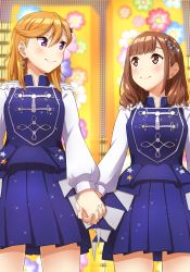 Rule 34 | 2girls, animification, blush, brown eyes, brown hair, commentary, date sayuri, earrings, hair ornament, highres, holding hands, jewelry, looking at another, love live!, love live! superstar!!, medium hair, multiple girls, orange hair, purple eyes, qy73, real life, shibuya kanon, sidelocks, standing, star (symbol), star hair ornament, upper body, voice actor, voice actor connection