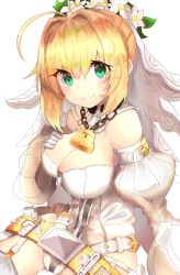 Rule 34 | 10s, 1girl, absurdres, ahoge, bare shoulders, belt, belt buckle, belt skirt, blonde hair, blush, bodysuit, breasts, bridal veil, buckle, chain, closed mouth, cowboy shot, detached collar, detached sleeves, fate/extra, fate (series), flower, flower wreath, from side, full-length zipper, garter straps, gloves, green eyes, hair between eyes, hair intakes, hand on breast, hand on own chest, highres, hip focus, large breasts, leotard, light smile, lock, looking at viewer, nero claudius (bride) (fate), nero claudius (bride) (second ascension) (fate), nero claudius (fate), nero claudius (fate) (all), padlock, puffy detached sleeves, puffy sleeves, ranf, short hair with long locks, showgirl skirt, sidelocks, simple background, skirt, smile, solo, strapless, strapless leotard, veil, white background, white bodysuit, white flower, white gloves, white leotard, white skirt, zipper, zipper pull tab