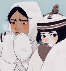 Rule 34 | 1boy, 1girl, alternate costume, blue background, blush, brown gloves, brown headwear, closed mouth, commentary request, dark-skinned male, dark skin, enonoka, gloves, golden kamuy, hat, highres, hood, hood up, hooded jacket, jacket, koito otonoshin, long sleeves, looking at viewer, looking away, mittens, morikomori, pale skin, parted bangs, parted lips, short hair, simple background, upper body, white gloves, white jacket, winter clothes