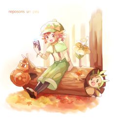 Rule 34 | 1girl, :d, ^ ^, autumn leaves, backpack, bad id, bad pixiv id, bag, chespin, child, closed eyes, creature, creatures (company), flabebe, flabebe (yellow flower), french text, full body, game freak, gen 6 pokemon, green headwear, happy, highres, holding, log, mairin (pokemon), mei (maysroom), nintendo, open mouth, outdoors, pokemon, pokemon (anime), pokemon (creature), pokemon xy (anime), shoes, short hair, sidelocks, sitting, sitting on object, smile, suspenders