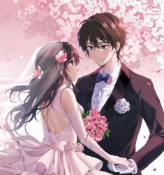 Rule 34 | 1boy, 1girl, bad id, bad pixiv id, blue eyes, blue neckwear, blush, bow, bowtie, braid, bridal gauntlets, brown hair, brown jacket, closed mouth, collared shirt, commission, dress, dress shirt, elbow gloves, eye contact, flower, formal, gloves, hair flower, hair ornament, hetero, holding hands, husband and wife, jacket, long hair, long sleeves, looking at another, mole, mole under eye, original, pinb, pink dress, pink flower, pink gloves, pink rose, profile, red eyes, rose, see-through, shirt, signature, sleeveless, sleeveless dress, sleeves past wrists, smile, suit, wedding dress, white flower, white gloves, white rose, white shirt