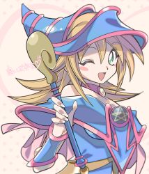 Rule 34 | 1girl, blonde hair, blue hat, dark magician girl, duel monster, green eyes, hat, highres, holding, holding wand, long hair, looking at viewer, misaka (missa), one eye closed, open mouth, pentagram, smile, solo, wand, witch hat, yu-gi-oh!