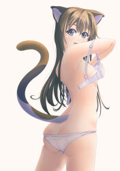 Rule 34 | 1girl, animal ears, ass, back, blue eyes, bra, bra pull, brown hair, butt crack, cat ears, cat tail, clothes pull, commentary request, covering privates, covering breasts, cowboy shot, frilled bra, frills, from behind, highres, jou (circlemay), kemonomimi mode, long hair, looking at viewer, looking back, love live!, love live! nijigasaki high school idol club, open bra, open mouth, osaka shizuku, panties, panty pull, partial commentary, pulled by self, simple background, skindentation, smile, solo, standing, tail, underwear, underwear only, undressing, white background, white panties