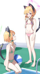 Rule 34 | 2girls, animal ear headphones, animal ears, ball, barefoot, beachball, bikini, blonde hair, blue archive, bow, breasts, cat ear headphones, fake animal ears, green bow, hair bow, halo, headphones, highres, midori (blue archive), momoi (blue archive), multiple girls, namaonpa, navel, open mouth, pool, red bow, red eyes, short hair, siblings, simple background, sisters, sitting, small breasts, standing, striped bikini, striped clothes, swimsuit, tail, water, white background