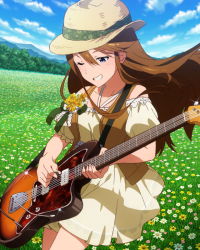 Rule 34 | 10s, 1girl, artist request, blue eyes, brown hair, brown vest, dress, field, flower, flower field, grin, guitar, hat, idolmaster, idolmaster million live!, instrument, long hair, meadow, million live card, music, official art, one eye closed, outdoors, playing instrument, plectrum, smile, solo, tokoro megumi, vest