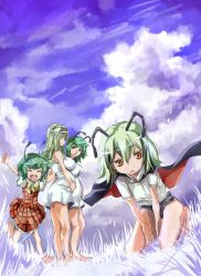 Rule 34 | 4girls, :&lt;, :d, ^ ^, aged up, antennae, bare legs, barefoot, bow, cape, child, closed eyes, couple, dress, grass, green eyes, green hair, if they mated, kazami yuuka, long hair, mother and daughter, multiple girls, open mouth, pregnant, red eyes, short hair, smile, touhou, white dress, wriggle nightbug, yohane, yuri