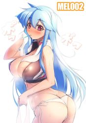 Rule 34 | 1girl, ass, blue hair, blush, breasts, butt crack, cleavage, jpeg artifacts, large breasts, long hair, mel/a, melmaid, mouth hold, no pants, original, panties, red eyes, side-tie panties, simple background, solo, towel, towel around neck, underwear, white panties
