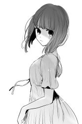 Rule 34 | 1girl, arima kana, blunt bangs, dress, from side, gloom (expression), greyscale, highres, looking at viewer, looking to the side, medium hair, monochrome, oshi no ko, profile, shaded face, short sleeves, simple background, solo, tagme, white background, yokoyari mengo