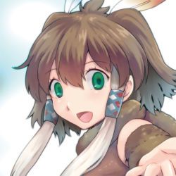 Rule 34 | 10s, 1girl, :d, animal ears, bare shoulders, brown hair, elephant ears, empty eyes, eyelashes, facing away, feather hair ornament, feathers, green eyes, hair ornament, hair tubes, kemono friends, long hair, lowres, mastodon, multicolored hair, open mouth, original, outstretched arm, outstretched hand, portrait, sakuragi rian, short hair with long locks, sidelocks, smile, solo, tongue, two-tone hair, white hair