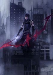 Rule 34 | 1boy, alter servant, alternate costume, alternate hair color, alternate skin color, arash (fate), armor, arrow (projectile), black gloves, black hair, black hood, black pants, bow (weapon), breastplate, chain, city, cityscape, closed mouth, corruption, dark persona, dated, expressionless, fate/grand order, fate/prototype, fate/prototype: fragments of blue and silver, fate (series), gauntlets, gloves, glowing arrow, high collar, highres, holding, holding bow (weapon), holding weapon, hood, hood up, looking at viewer, male focus, pale skin, pants, shatin (pomelomcp), short hair, signature, solo, standing, urban, weapon, yellow eyes